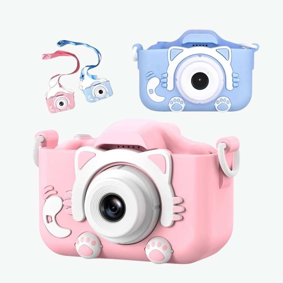 Câmera Digital Infantil Kids Gatinho HD Portátil Tela LCD Recarregável Brinquedo Educativo Antichoque Fotográfico Vídeo com Cabo USB Alça de Segurança Rosa/Azul