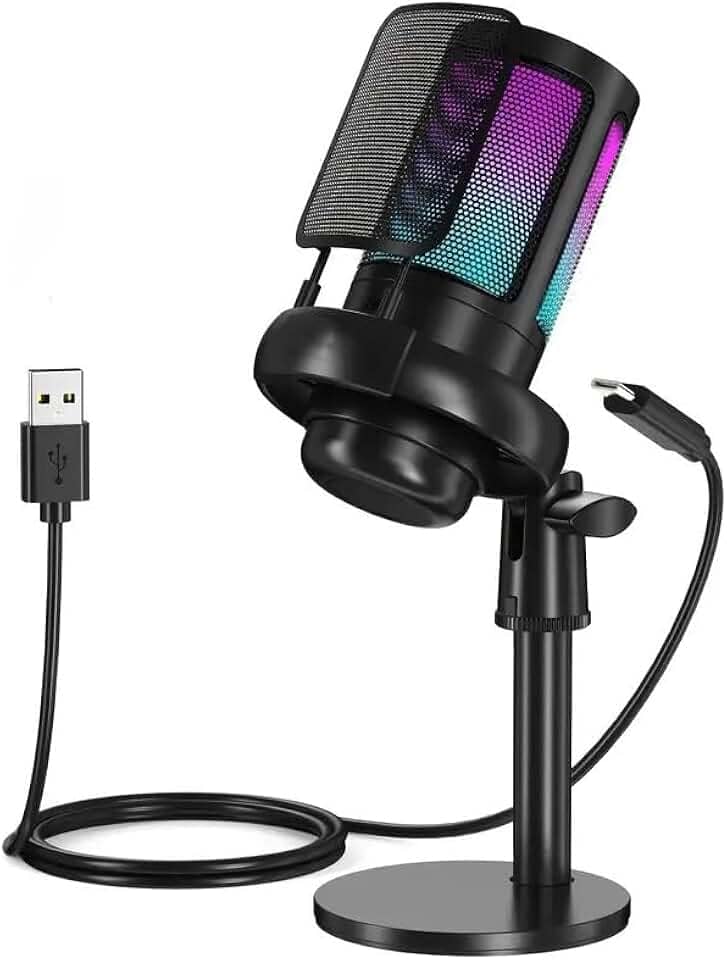 Microfone Gamer Profissional Rgb Streamer Condensador C/Led