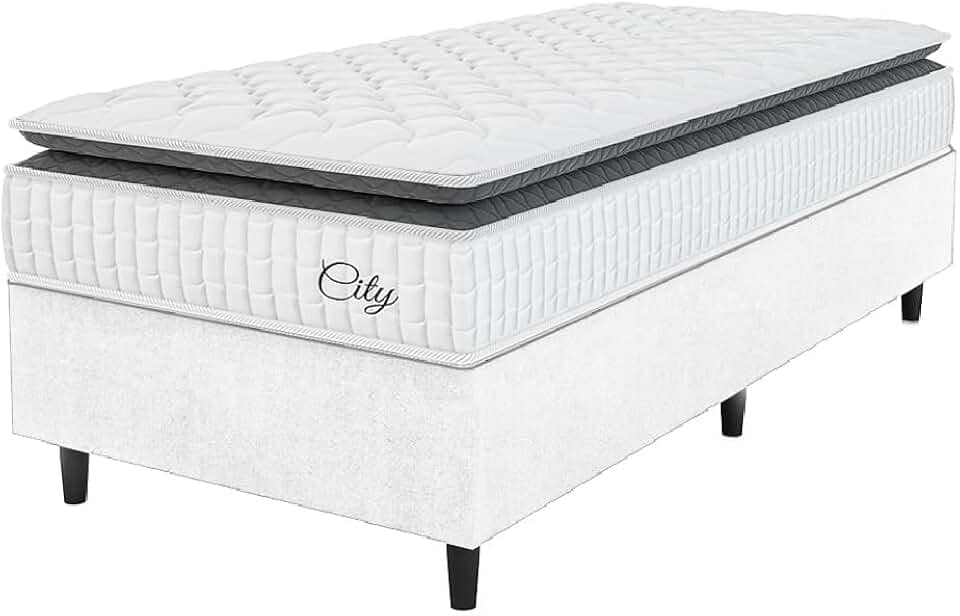 Cama Box Colchão Solteiro Molas Ensacadas City Pillow Top 88x188x61cm Linho Branco/Preto Hellen - Suporta até 110kg por Pessoa