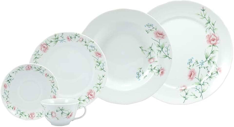 Serviço de Jantar e Chá 30 peças em Porcelana - Modelo Redondo Izabel - Decoração Teresa - Porcelana Real by Schmidt