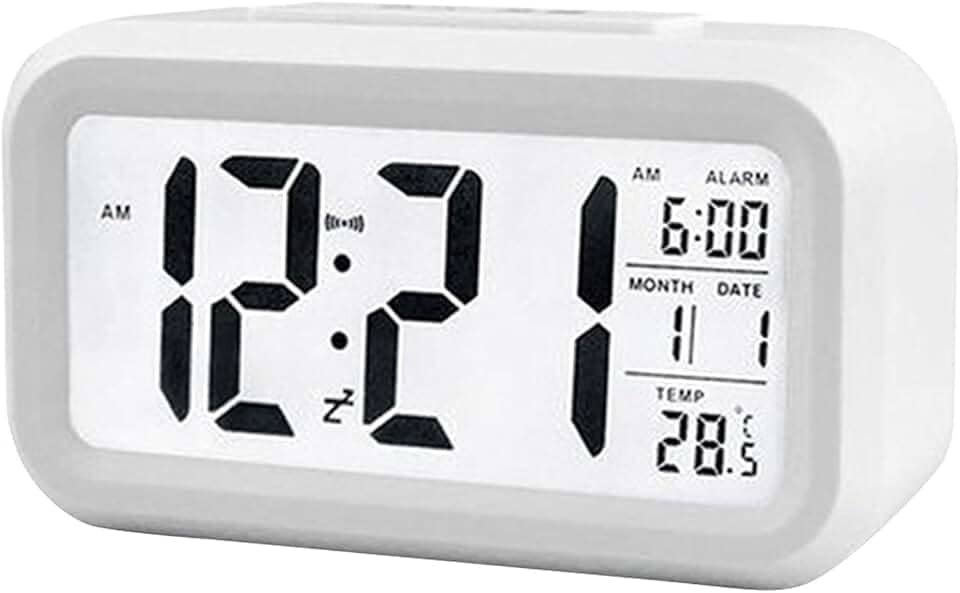 Henniu Relógio de Mesa Despertador digital inteligente com botão de soneca de data e temperatura na parte superior retangular operado por bateria com luz noturna para quarto Crianças - Branco