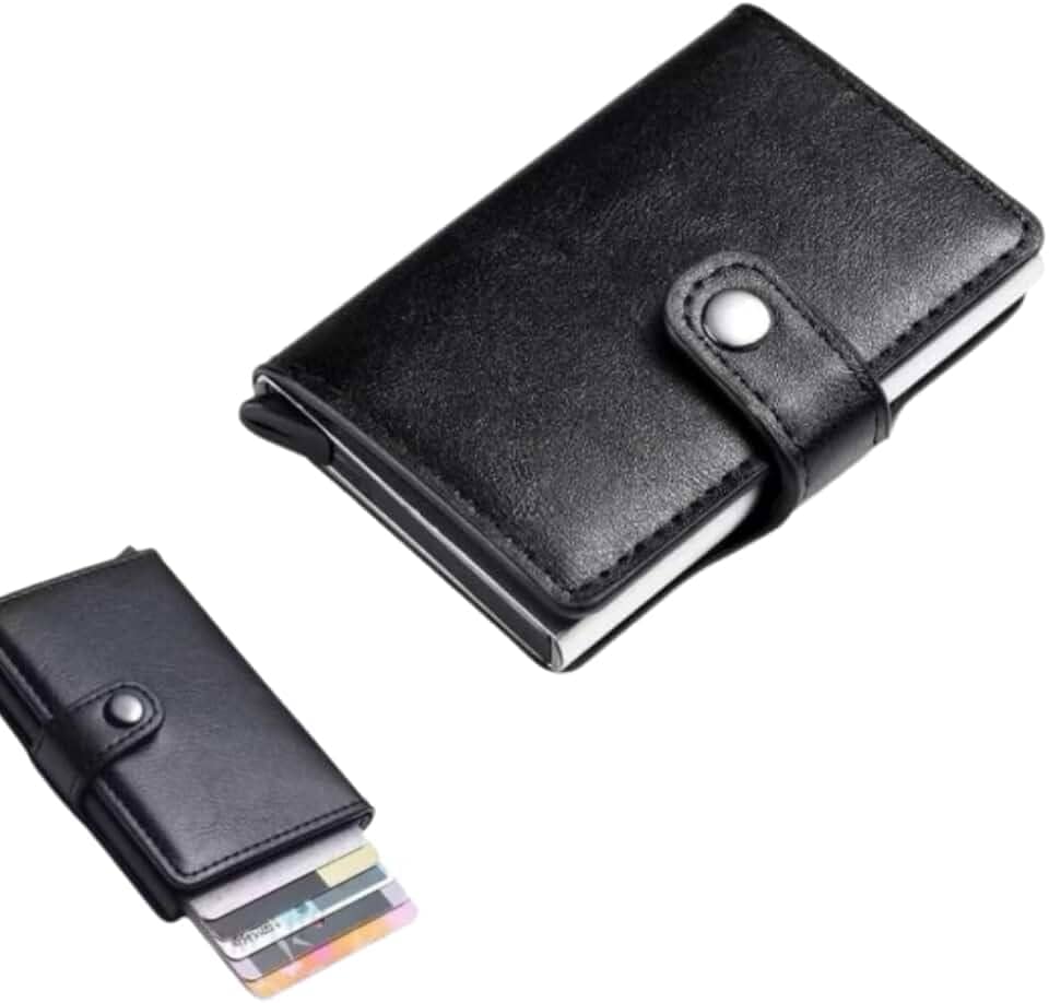 Carteira Slim com Proteção RFID, Couro, Porta Cartões com Pop-up Automático, Preto e Marrom, Design Minimalista, Proteçâo Contra Furto