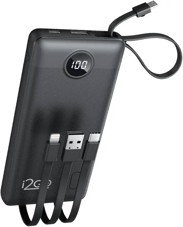 I2GO, Carregador Portátil (Power Bank), 10000mAh, 4 em 1 Com Cabos Acoplados (Micro USB, USB-C, Lightning e USB-A), Preto, i2GO PRO