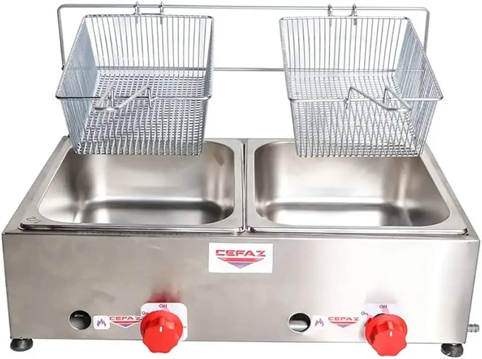 Fritadeira Industrial 2 Cubas Inox 5 Litros À Gás Profissional Salgado Porções Pastéis Baixa Pressão