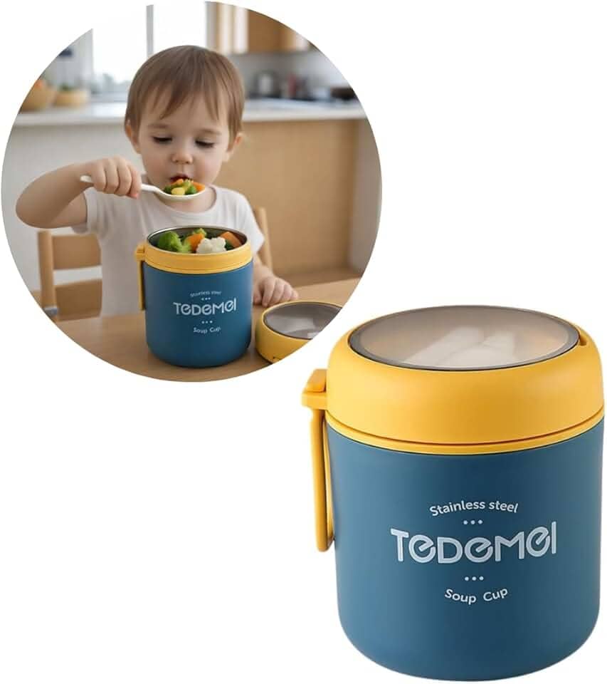 Pote Térmico Infantil em Aço Inoxidável para Bebês e Crianças, Mantém Alimentos Quentes ou Frios por Horas, Seguro com Vedação Antivazamento para Escola e Passeios (AZUL)