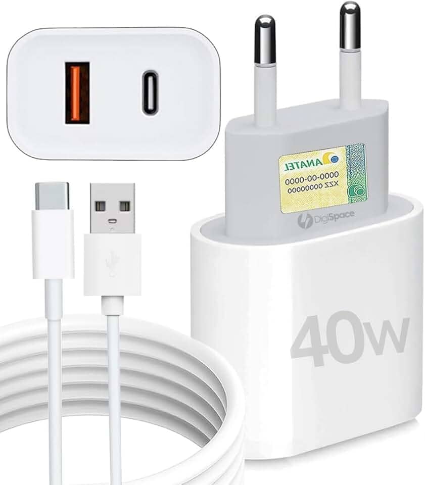Kit Carregador Super Turbo 40W Porta Dupla (USB-A + USB-C) + Cabo USB e Tipo-C, Compatível com Todos Dispositivos, Iphone 15/16/17 IOS Android Galaxy, Tablets, Notebooks, Linha Premium