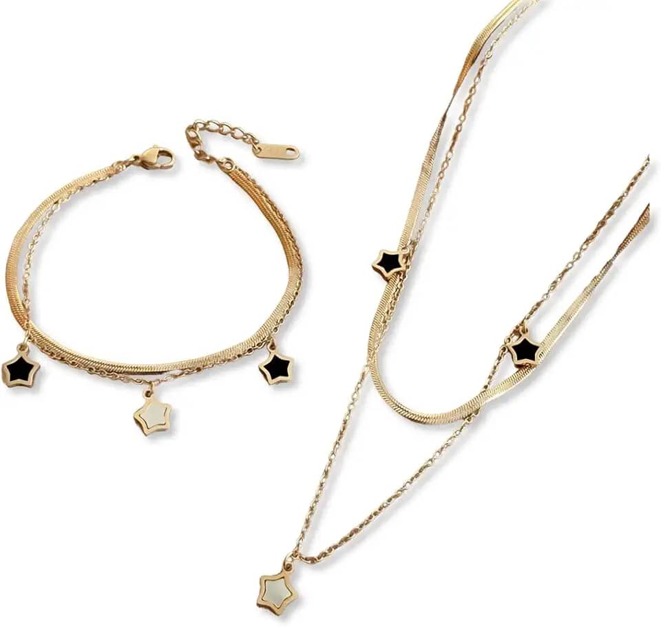 Conjunto Feminino "Beautiful Constellation" com Colar e Pulseira em Aço Inoxidável – Símbolo de Luz, Versatilidade e Estilo – Acompanha Bolsa de Veludo