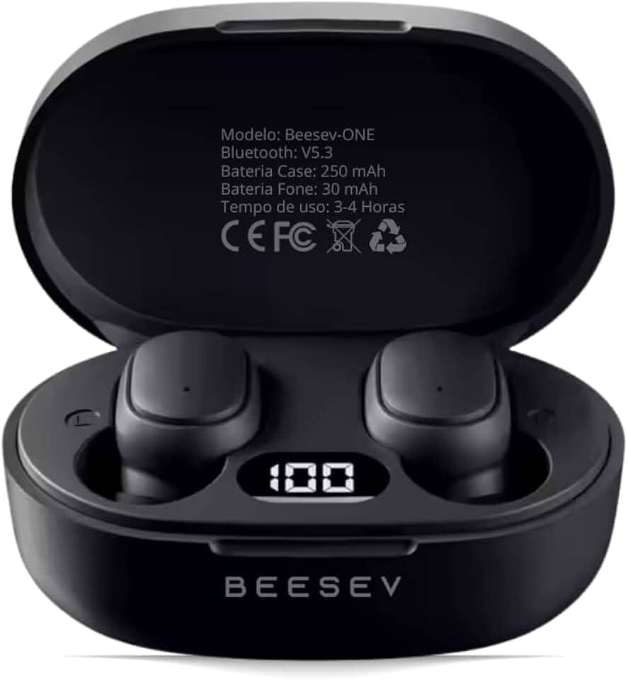 Fone de Ouvido Bluetooth 5.3 TWS Sem Fio Wireless Com Visor Graves Potente Compatível com iOS e Android, Beesev-ONE (Preto)