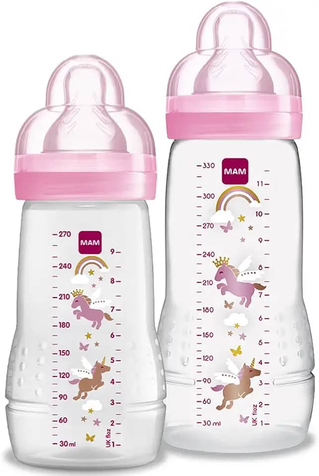 MAM Baby Kit 2 Mamadeiras Easy Active Set, 270ml e 330ml Com Formato Ergonômico e Fácil de Segurar para Crianças 2+ Meses com Bico de Silicone Skinsoft, Rosa