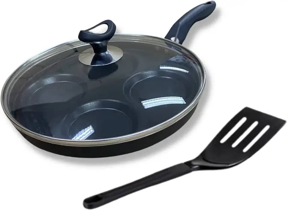 Frigideira Gourmet 4 Ovos 26cm Antiaderente Preta com Tampa de Vidro Acompanha Espátula 25cm Não Gruda 4 Cavidade Fritar Ovos Bacon Queijo Hambúrguer