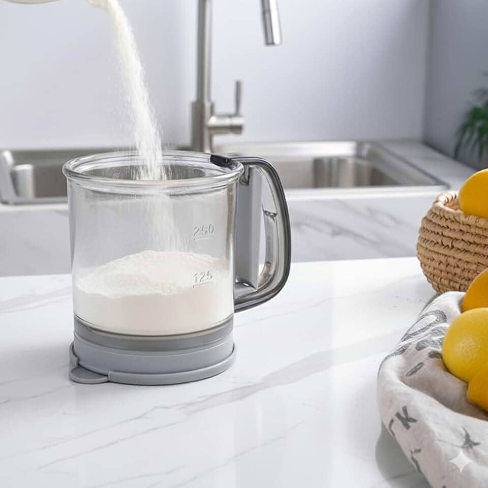 Peneira de Farinha com Gatilho Polvilhador Transparente para Confeitaria