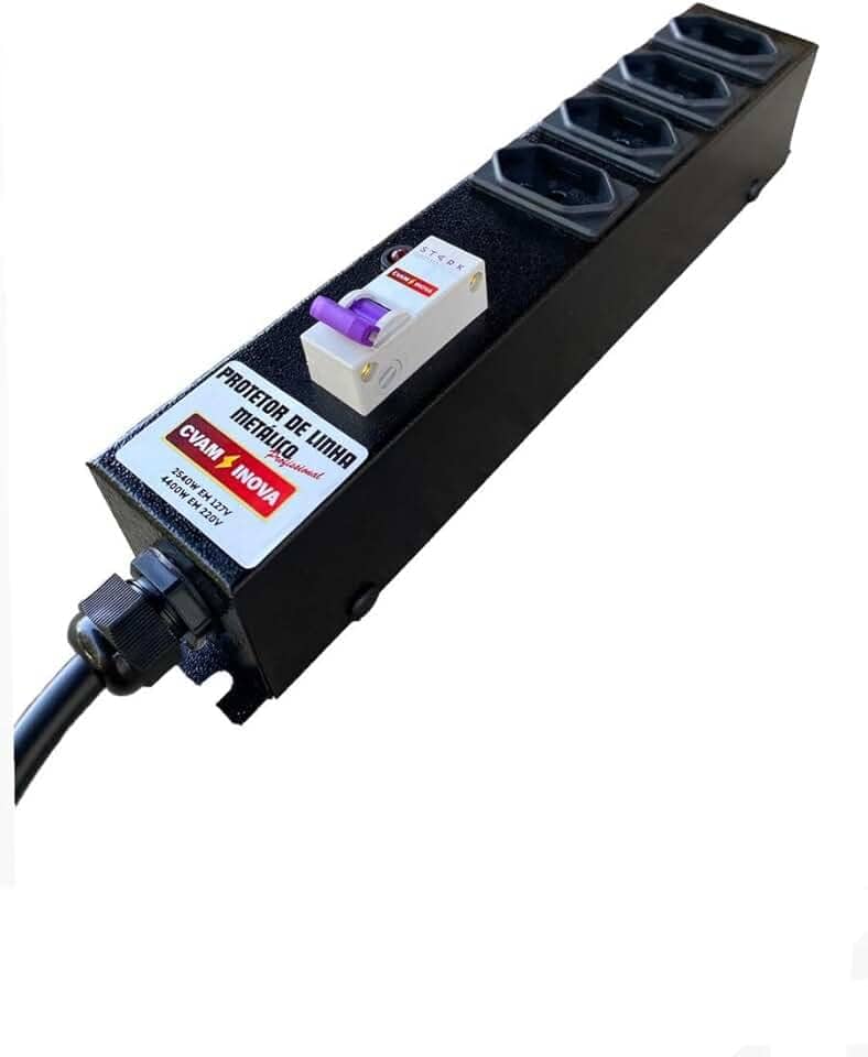 Filtro de Linha Profissional 20A com Disjuntor – 4 Tomadas – Estrutura Metálica Reforçada – CVAM – Ideal para Equipamentos de Alto Consumo