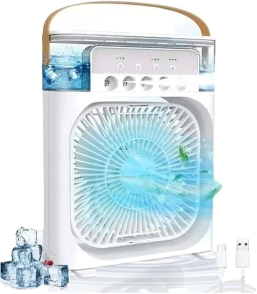 Ventilador de Mesa Portátil Led 4 em 1 Mini Ar Condicionado Umidificador Aromatizador Climatizador Água Gelo 3 Velocidades 5 Spray USB