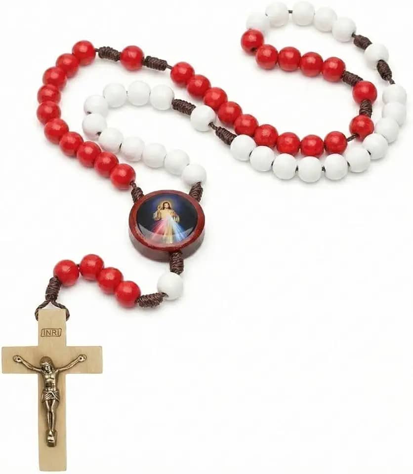 Terço da Divina Misericórdia, Contas de Plástico Branco e Vermelho 8mm, Crucifixo em Madeira, Metal Ouro Velho, 37cm, com Folheto Como Rezar o Terço