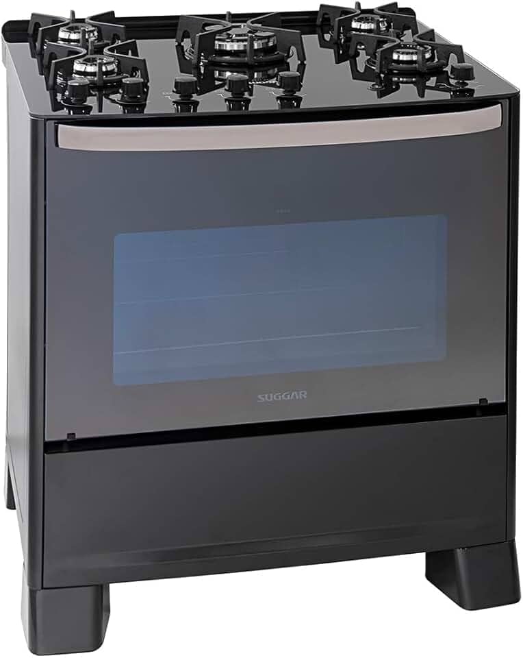 SUGGAR FOGÃO MASTER GRILL PRETO MESA DE VIDRO 5 BOCAS TRIPLA CHAMA GRILL 110V TREMPE FERRO FUNDIDO ACENDIMENTO SUPERAUTOMÁTICO FGVMTG511PT