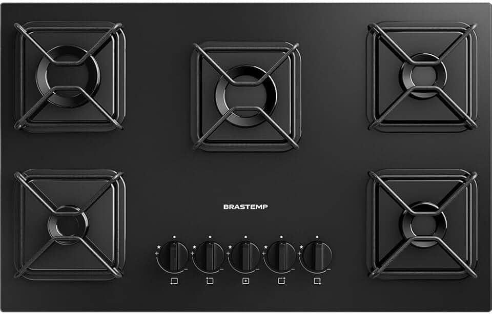 Brastemp Cooktop, Preto, 5 Bocas, Gás, GLP/GN, Chama Simmer, Mesa de Vidro, Ferro Aramado, 73x46x8,6 cm, Superautomático