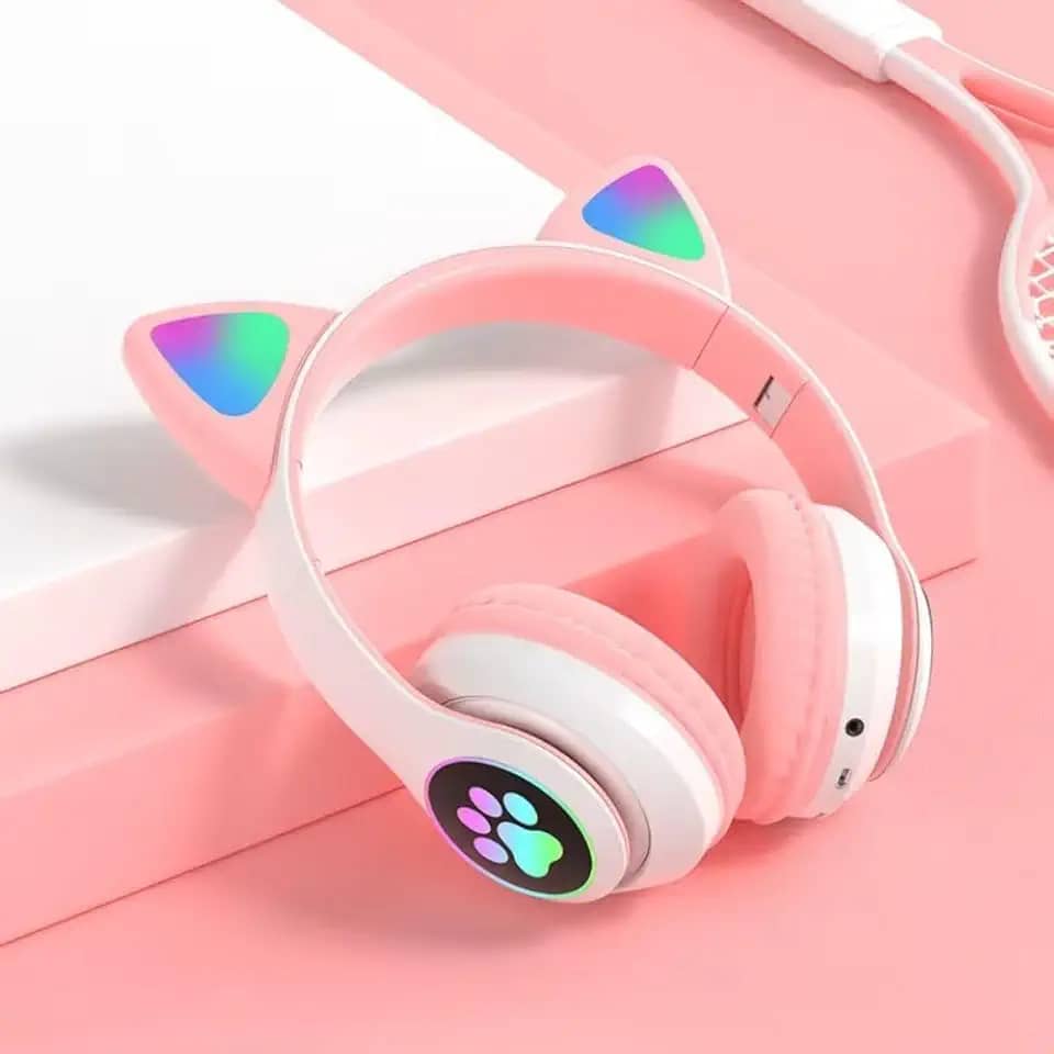 Fone de Ouvido Infantil Bluetooth com Orelhas de Gato, LED RGB, Dobrável, Ajustável, Rosa e Branco, Design Kawaii para Crianças (Rosa)