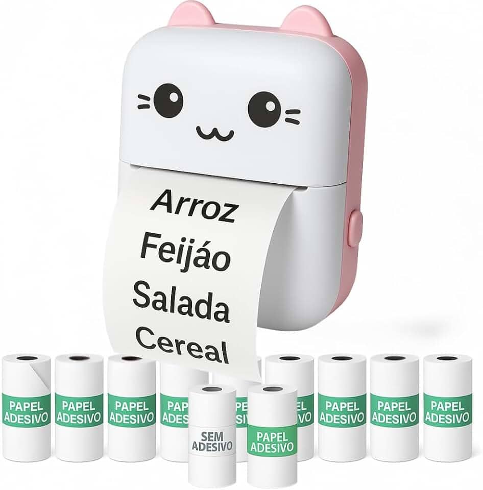 Mini impressora térmica portátil (Rosa) sem fio 200dpi + 10 rolos papel adesivo térmico e 1 rolo comum 57 * 30mm impressão bluetooth para fotos scanners, etiquetas