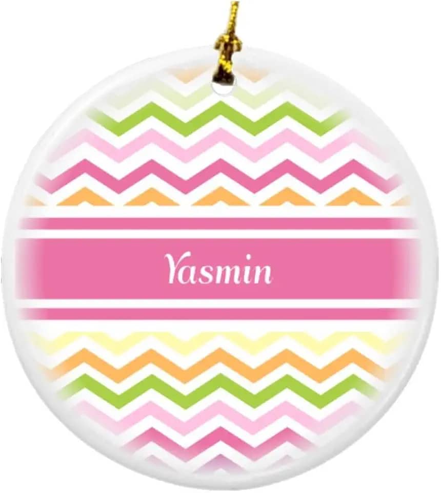 Yasmin rosa chevron nome design redondo porcelana dois lados enfeites de Natal