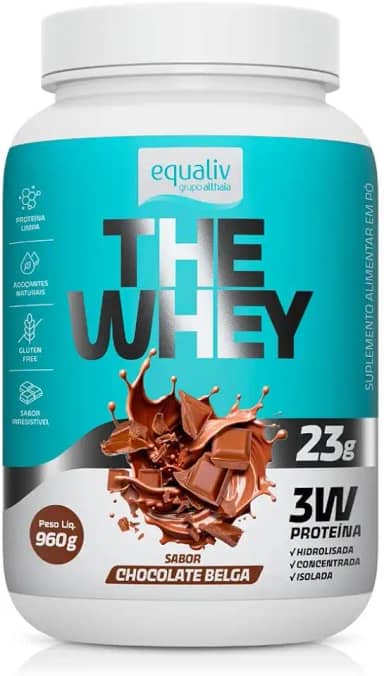 Equaliv The Whey 960g – Whey Protein Concentrado, Isolado e Hidrolisado para Ganho de Massa e Recuperação Muscular – Sabor Chocolate Belga, Adoçado Naturalmente