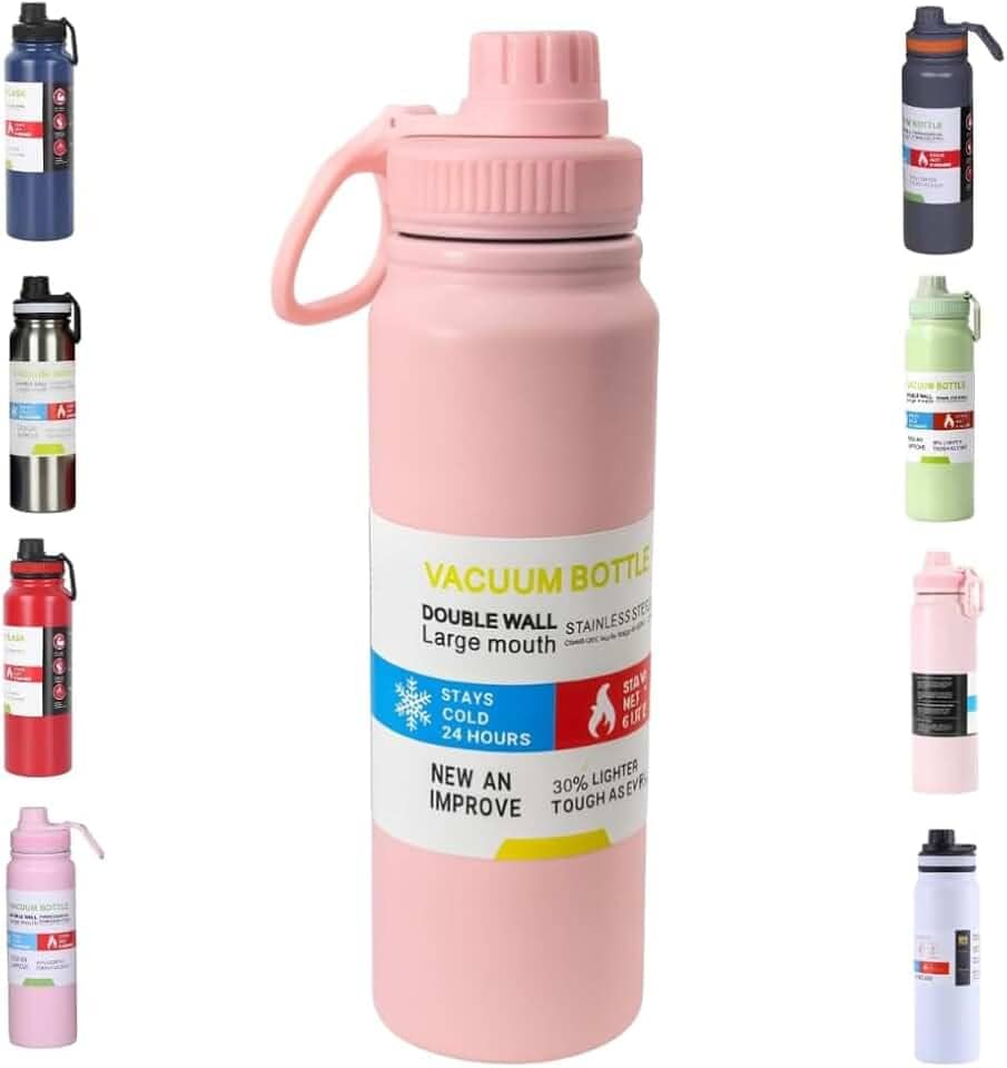 Garrafa de Água Térmica Inox 800ml Esportiva com Alça Parede Dupla Isolada a Vácuo Antivazamento Garrafinha Academia Fitness Corrida Esportes Escritório – Premium (Rosa)