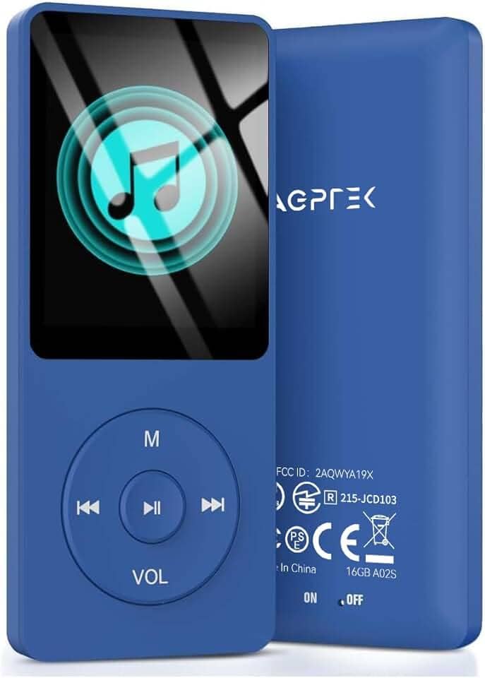 AGPTEK Leitor de MP3 A02S de 16 GB, reprodutor de música de som sem perdas de 70 horas, suporta até 128 GB, azul escuro