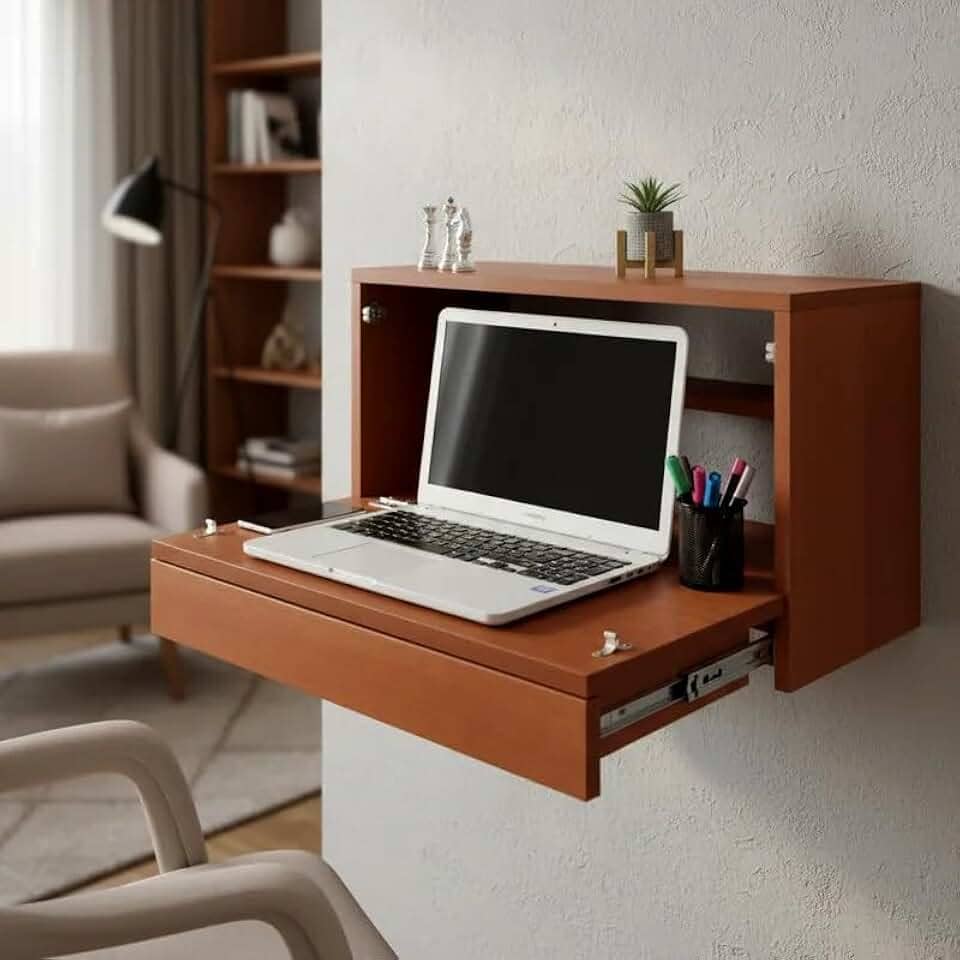 Escrivaninha Suspensa Bancada Compacta com Gaveta Mesa para Notebook Madeira Natural