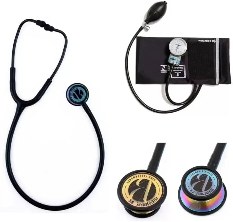 Kit Estetoscópio Duplo Inox Bic + Esfigmomanômetro Pa Med + Estojo (Preto Com Arco Iris ES 1504)