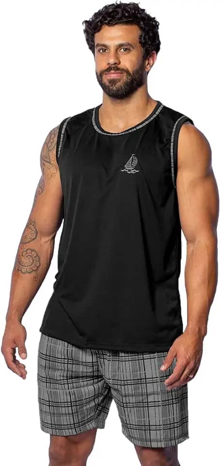 Pijama Masculino Verão, Regata com Short Xadrez Estampado, Conjunto para Dormir