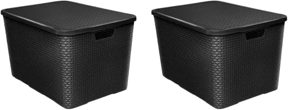 Kit 2 Caixas Organizadoras Rattan Com Tampa 42 Litros Grande Preto