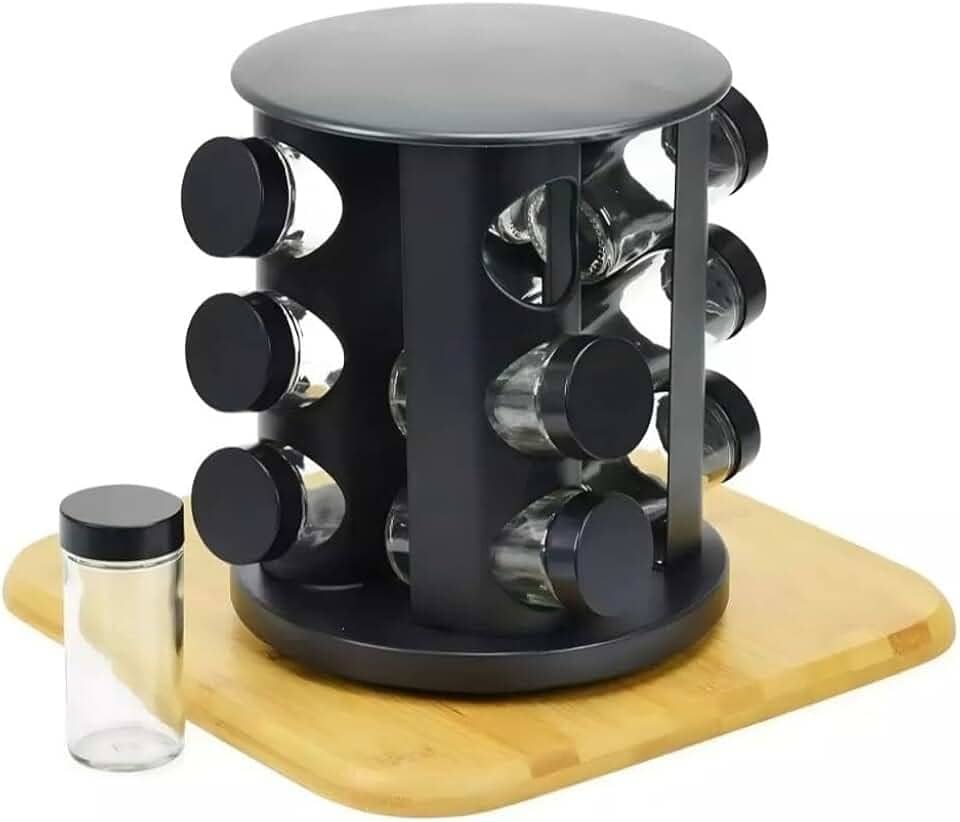 Porta Temperos e Condimentos Giratório, 9 Potes de Vidro com Tampa Dosadora, Base Preta