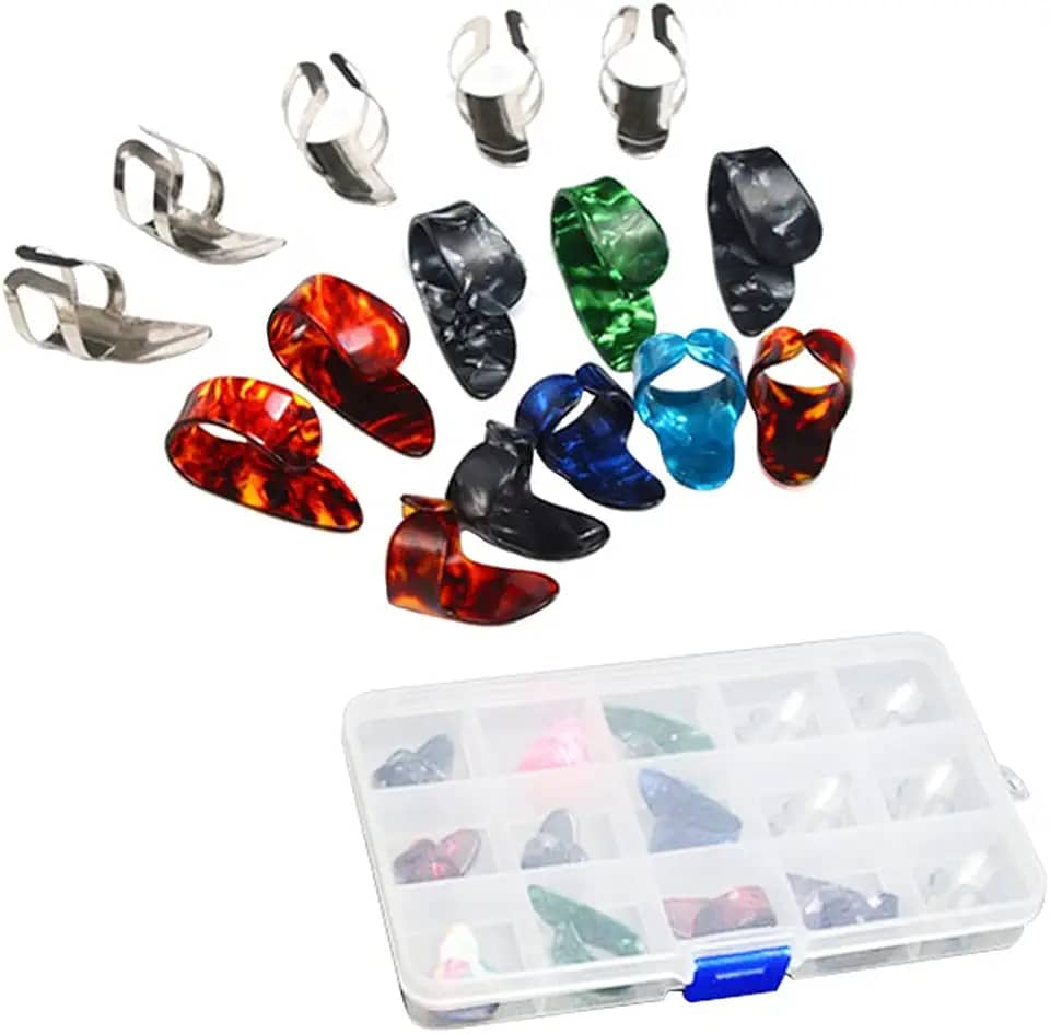 Milisten Conjunto De 15 Palhetas Para Polegar Palhetas De Metal Para Guitarra Com Estojo De 15 Compartimentos Kit De Acessórios Para Guitarra Para Baixo Banjos Bandolim Fingerstyle