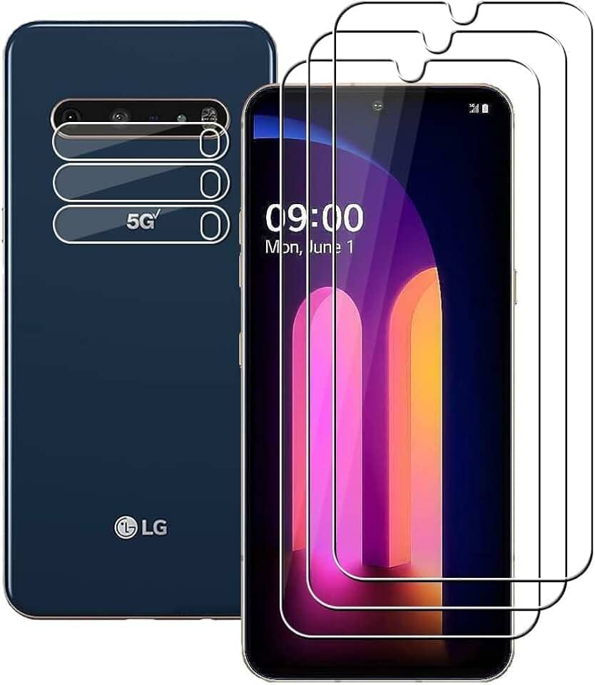 (3+3) Película protetora de tela de vidro temperado para LG V60 ThinQ 5G / V60 ThinQ 5G UW (pacote com 3) com película protetora de lente de câmera, antiarranhões, transparente HD