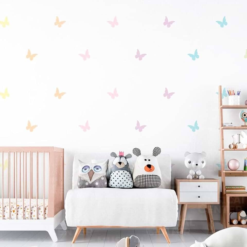Kit Papel de Parede Decorativo Infantil Borboletas Coloridas Lavável Seguro Fácil Aplicação Ideal Decoração Quarto Bebê Menina Área Kids Criativo