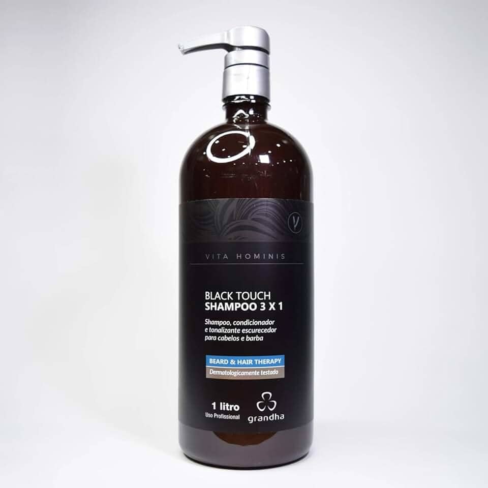 Shampoo Tonalizante Grandha Vita Hominis Black Touch 3x1 1L Eficiente Para o Escurecimento Gradual da Barba e Dos Cabelos
