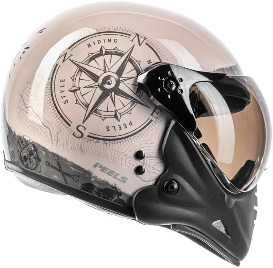 Capacete PELLS F-21 North OFF WHITE/PTO com Bússola Náutica, Design Vintage, Preto e Bege, Proteção Premium para Motociclismo