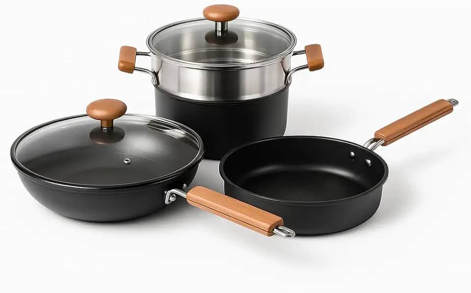 Conjunto de Panelas Premium em Aço Inox Revestimento Antiaderente Pegadores em Madeira Tampas de Vidro Temperado Compatível com Todos os Fogões (Preto)