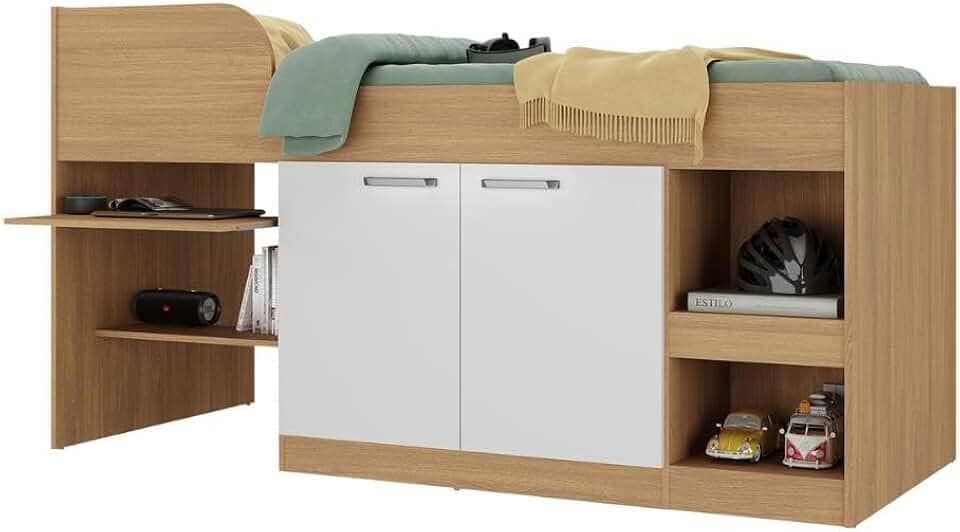 Cama Solteiro Multifuncional para Colchão 188 x 78cm com 2 Portas e Escrivaninha Multimóveis Mp4234 Rustic/branco