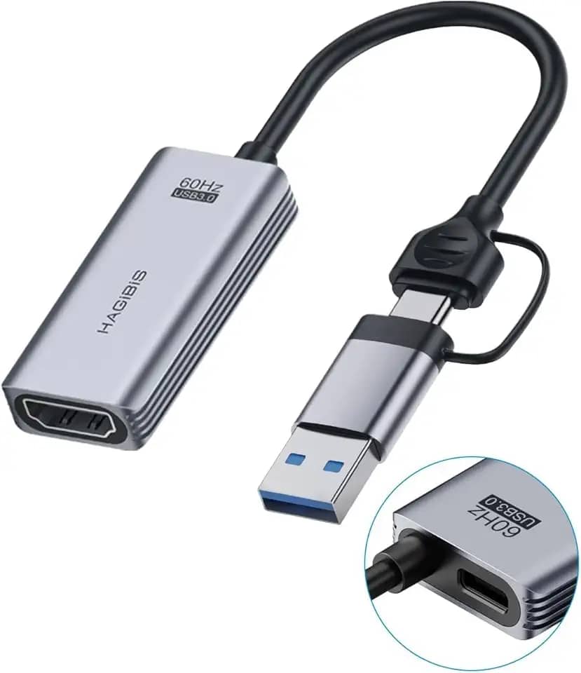 Placa de Captura Externa Portátil, USB 3.0 + USB-C, PD 100W, 4K, Transmite a 1080p, Live Stream, Para PC, Notebook, Video Game, Switch, Tablet. Compatível com sistema Windows, Linux, Android e Mac