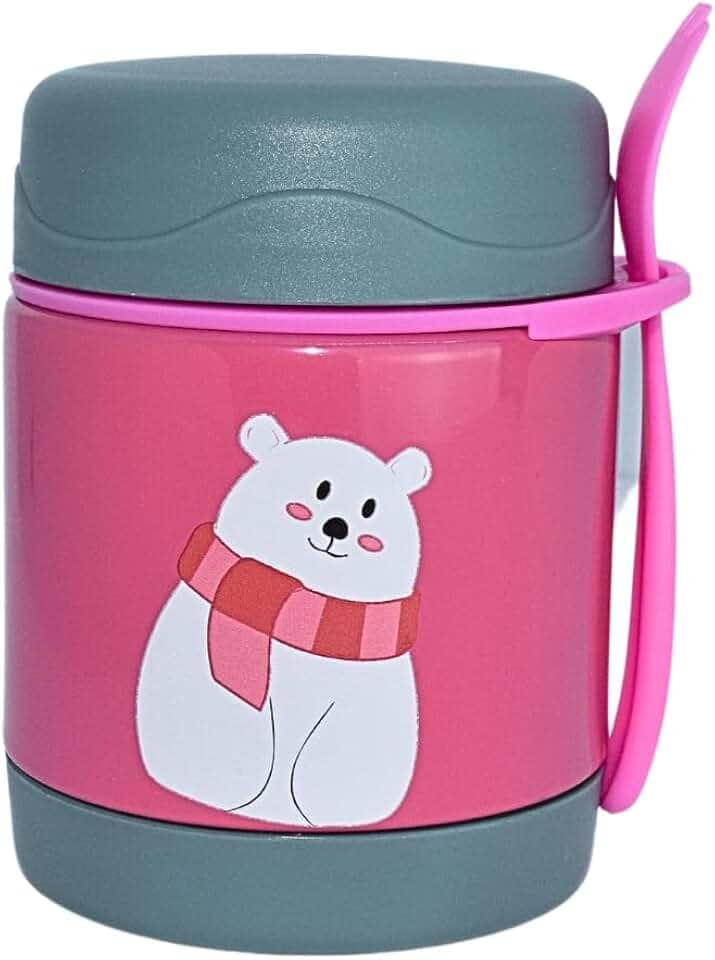 Pote Térmico Bebê Infantil 320 ml Aço Inox Com Garfo Bamboo (ROSA)
