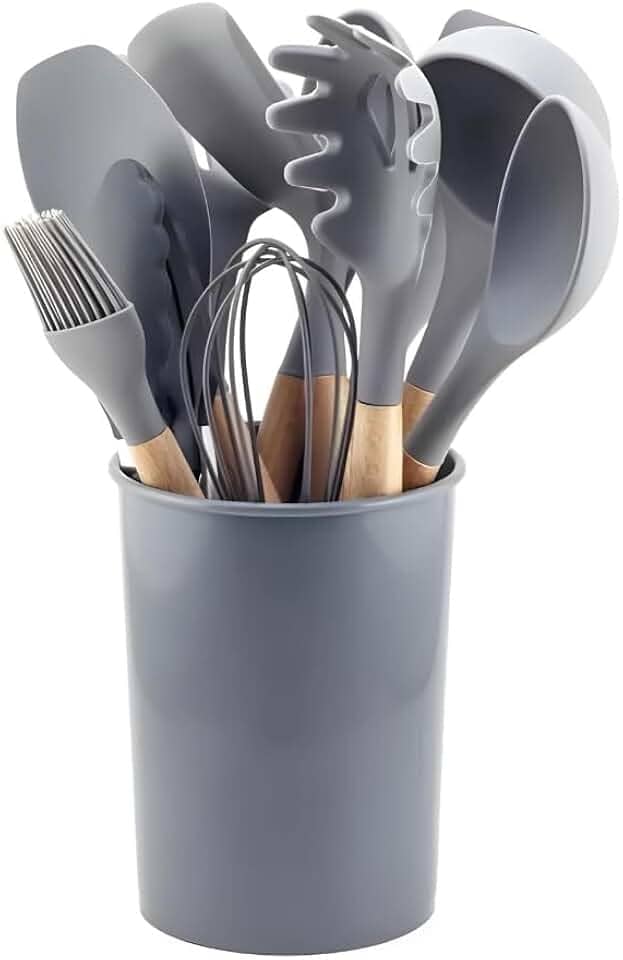 Conjunto de Utensílios de Cozinha, 12 Peças, Silicone e Madeira, Design Ergonômico, Antiderente e Resistente ao calor (Cinza)
