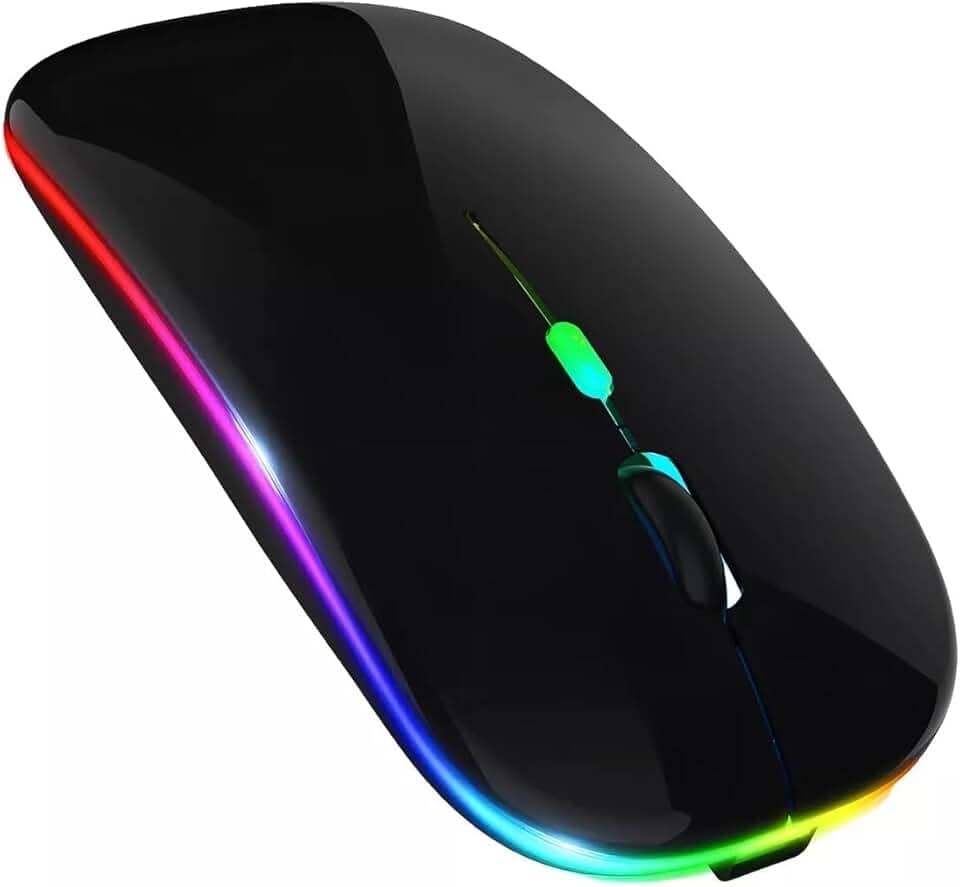 Mouse Wireless Bluetooth Recarregável LED RGB 2.4 Ghz Sem Fio Portatil Fino e Leve, Clique Silencioso (Preto)