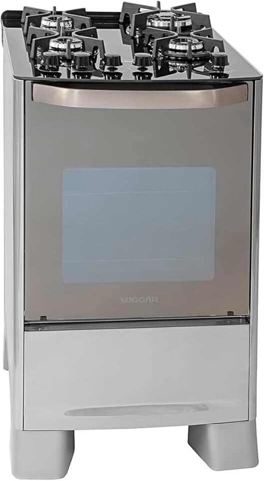 SUGGAR FOGÃO MASTER GRILL PRATA MESA DE VIDRO 4 BOCAS TRIPLA CHAMA GRILL 110V TREMPE FERRO FUNDIDO ACENDIMENTO SUPERAUTOMÁTICO FGVMTG411PRIX