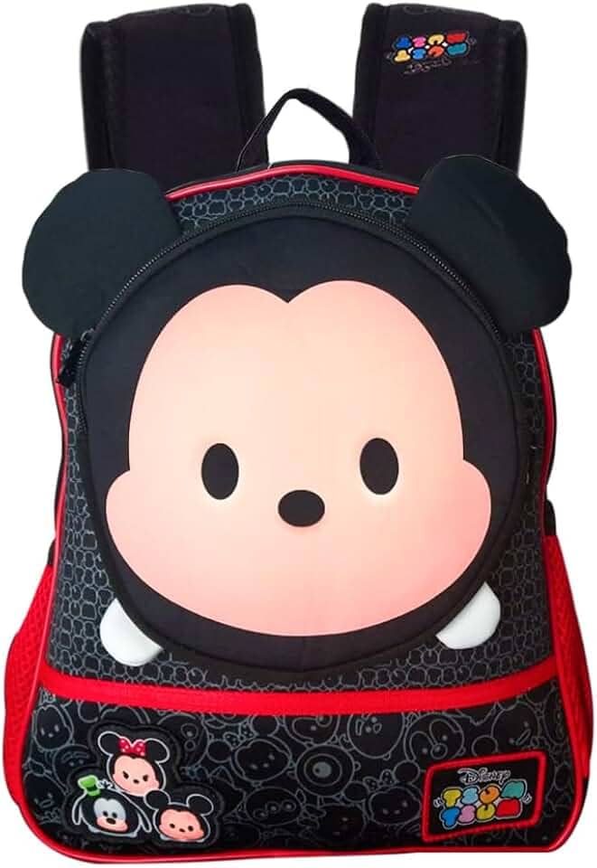 Mochila Escolar Infantil Mickey Mouse Disney Tsum Tsum, Alça de Costas Acolchoada, Preto/Vermelho