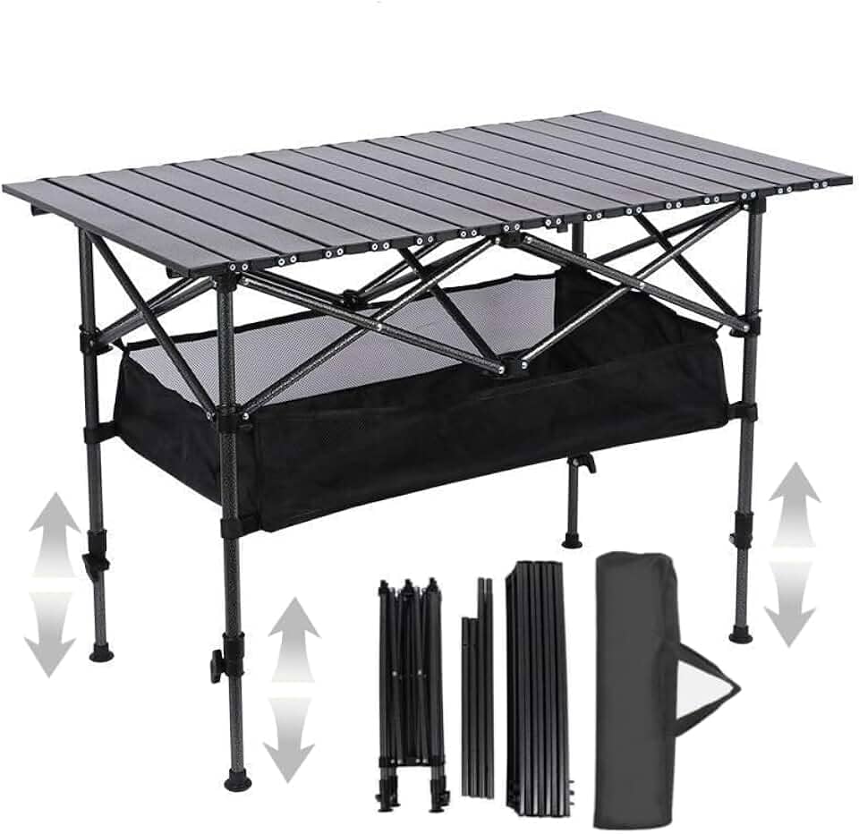 JOYFOX Mesa Dobrável 120cm Ultraleve Portátil Altura Ajustável Resistente Para Camping Garden Life Acampamentos Churrascos Piqueniques Caminhadas Pesca Preto