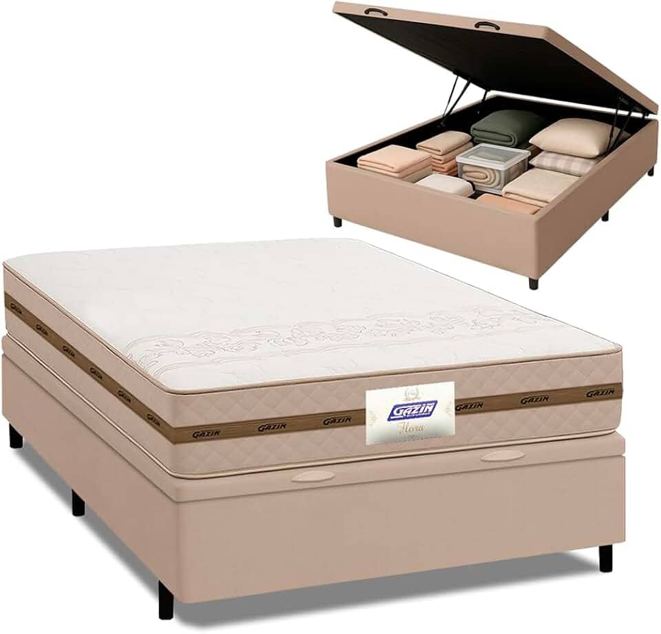 Cama Box Baú Casal Colchão Molas Flora Bege 138x188x61cm Marrom