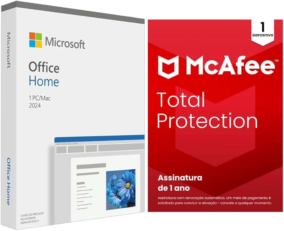 Kit Microsoft Office Home 2024 com McAfee Total Protection 1 dispositivo