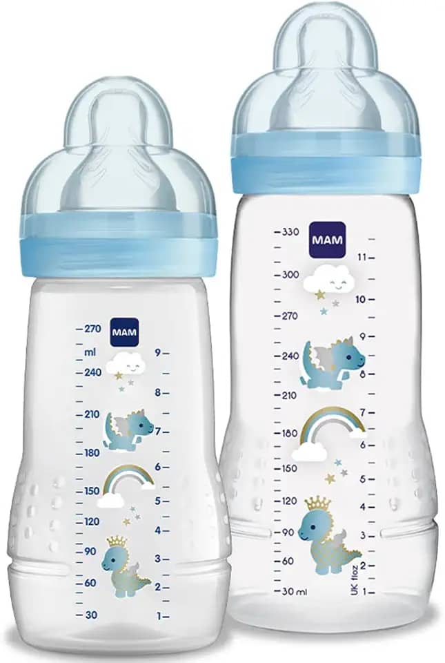 MAM Baby Kit 2 Mamadeiras Easy Active Set, 270ml e 330ml Com Formato Ergonômico e Fácil de Segurar para Crianças 2+ Meses com Bico de Silicone Skinsoft, Azul
