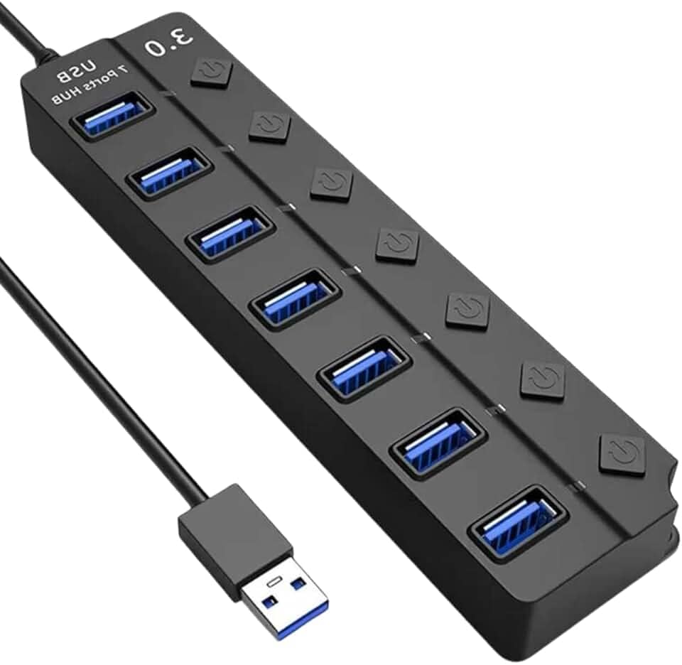 Hub USB 3.0 Com 7 Portas, Botões Individuais, LED, Alta Velocidade (5Gbps) Compatível Com PC Notebook TV Console Mouse PenDrive Teclado Impressora Acabamento Premium