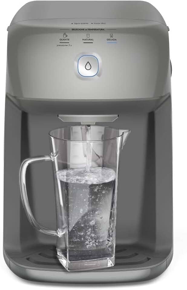 Purificador de Água Quente 800ml Gelada 2,4L Fria e Natural Motor Compressor controle de temperatura reservatorio de 3,3L total Alerta troca de Filtro refil 6 meses ou 3000l Cinza PH41X 220V